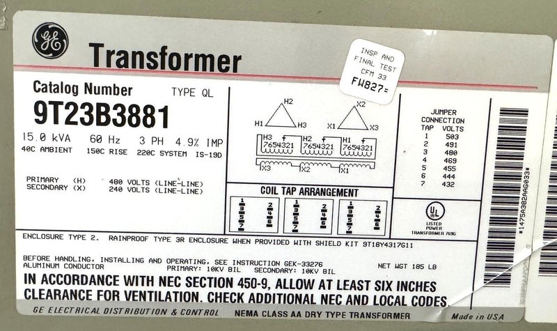 15 KVA General Electric Transformer, 480 Primary, 240 Secondary, 3 Phase