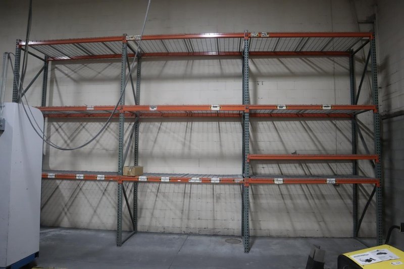 Pallet Racking Teardrop Style, (4) 14'x 42" Uprights, (10) 8' Shelves with Wire Decking- Auction Item