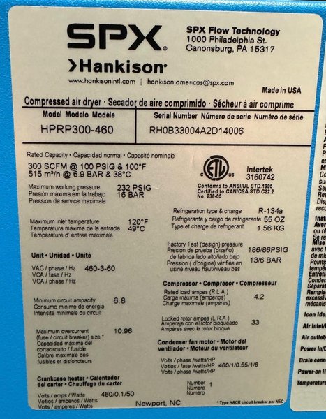 SPX Hankison Refrigerated Air Dryer HPRP300-460, 300 SCFM, New-Never Used