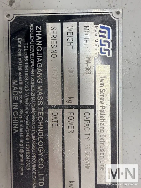 35 MM ZHANG JI GANG TWIN SCREW PELLETIZING EXTRUSION LINE  MFG 2022