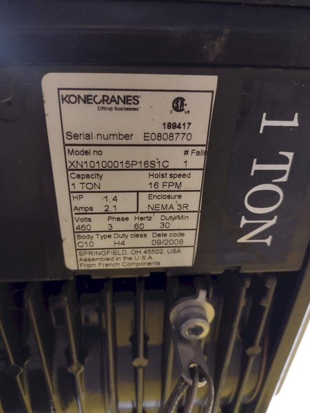 1 TON KONE MODEL @XN10100015P16S1C KONECRANES ELECTRIC CHAIN HOIST: STOCK 18707