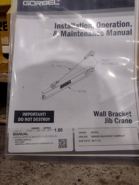 3 TON X 11&#039; GORBEL WALL MOUNT JIB CRANE, 2023 NEVER INSTALLED: STOCK #22116