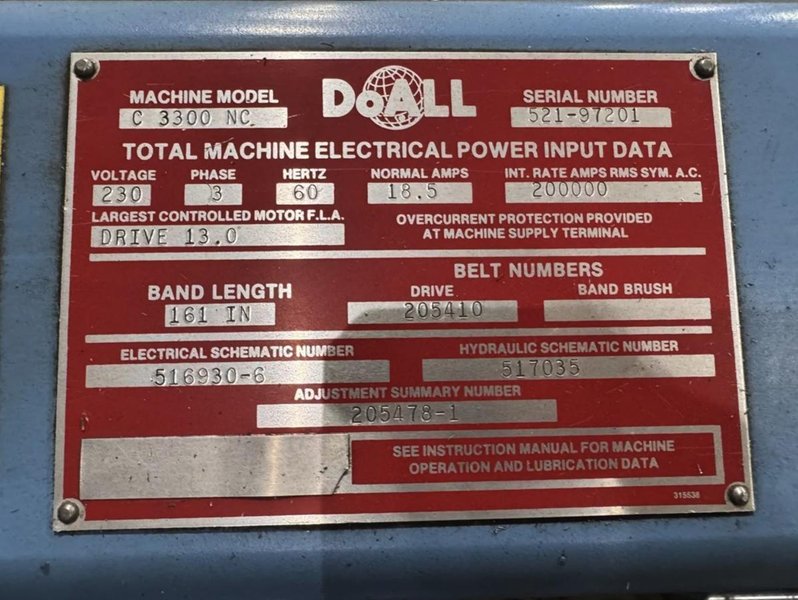 13" X 13" CAPACITY DOALL MODEL #C-3300NC AUTOMATIC HORIZONTAL BANDSAW: YOBRO #25755