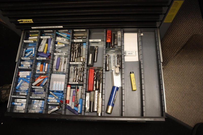 Huot 8 Drawer Tool Cabinet with Contents: Carbide End Mills, HSS End Mills, Lathe Turning Tools and More- Auction Item