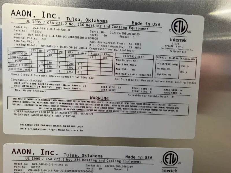 AAON DANDELION HEAT PUMP  -  WVA-048-E-0-1-4-AA0-JC