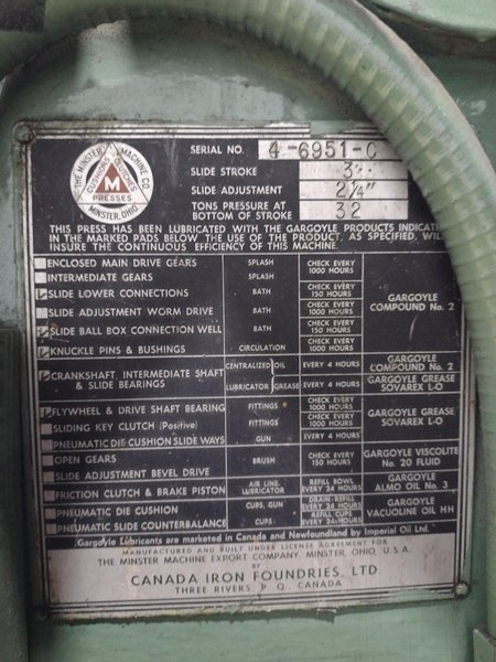 32 TON MINSTER OBI PRESS, 3" STROKE: STOCK #20251