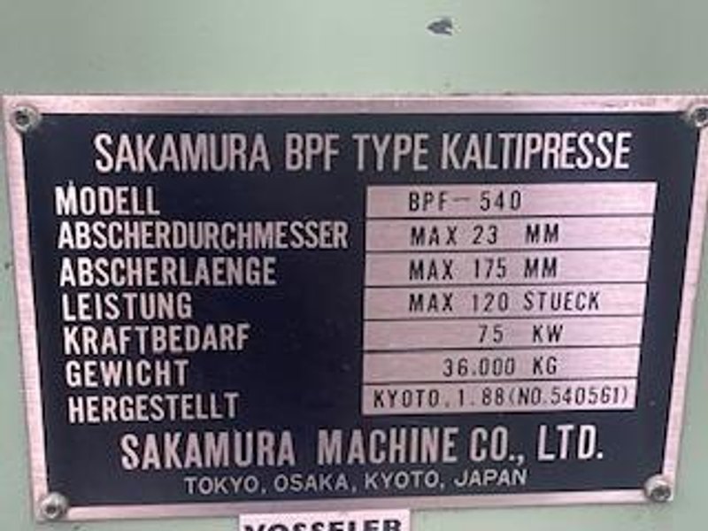 SAKAMURA #BPF-540, 6-STATION 5-DIE PARTS FORMER w/UNIVERSAL TRANSFER