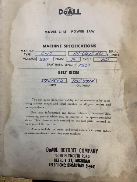 12" x 12" Doall Model C-12 Horizontal Band Saw, S/N 114-621040.