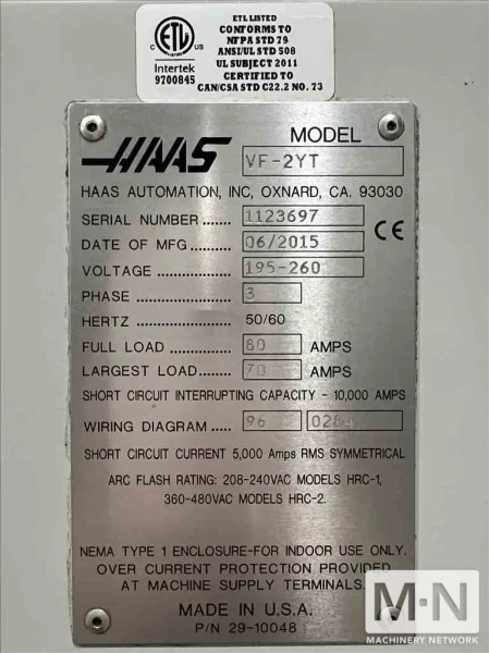 HAAS VF-2YT CNC Vertical Machining Center, 2015