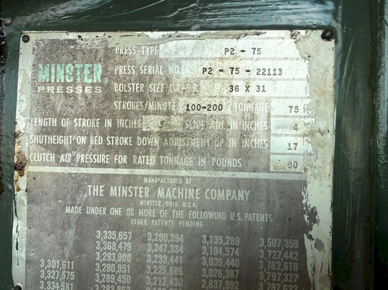 75 TON MINSTER P2-75-36 PIECE MAKER STRAIGHT SIDE HIGH SPEED PRESS. STOCK # 0980526