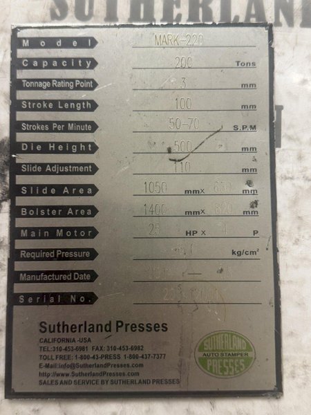200 TON SUTHERLAND MODEL #MARK-220 GAP FRAME PRESS 4" STROKE: YOBRO #25699