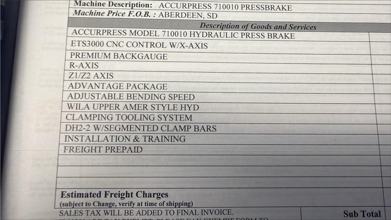100 Ton x 10′ Accurpress 710010 Press Brake, 2016 – Advantage Package