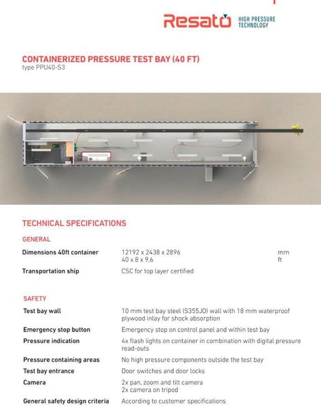 40' RESATO CONTAINERIZED HIGH PRESSURE TEST BAY W/ 3 TON YALE HOIST SYSTEM: YOBRO #25867