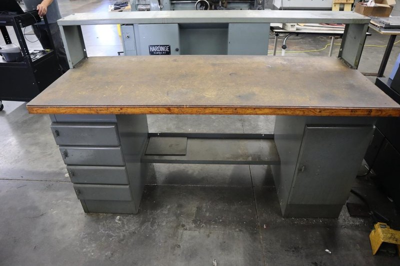 Equipton Work Bench, Wood Top, Upper Shelf, Lower Shelf, Base with 4-Drawers and Cabinet- Auction Item