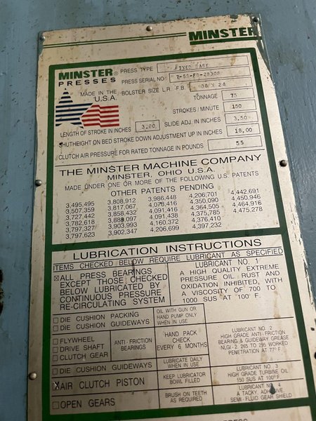 75 TON MINSTER MODEL #7 GAP FRAME PRESS: STOCK #0951821