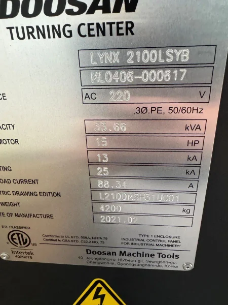 2021 DOOSAN LYNX 2100LSYB CNC LATHE