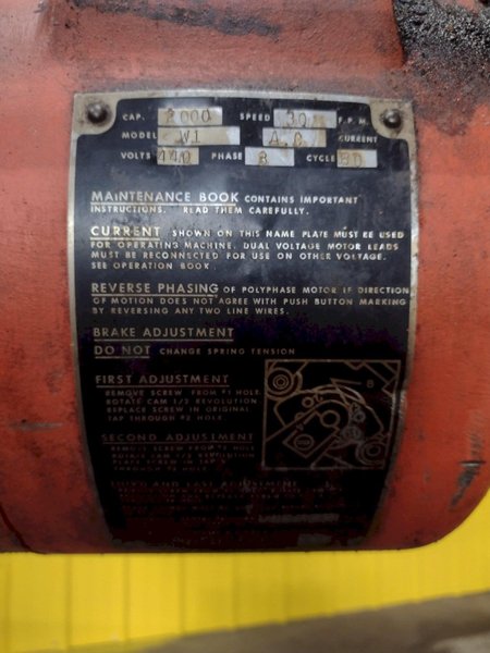 2000 LBS (1 TON) WRIGHT MODEL #W1 CABLE HOIST W/ POWERED TROLLEY: STOCK #18744