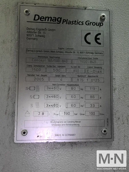165 TON 14.1 OZ DEMAG MODEL 165/500-840 INJECTION MOLDING MACHINE MFG 2005