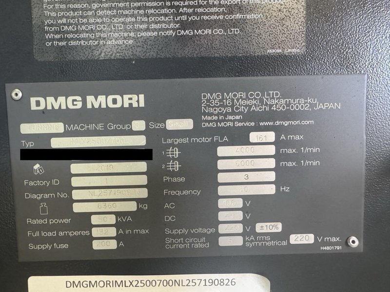 DMG Mori NLX 2500/700 CNC Lathe, 2019 – 10″ Chuck, Sub-Spindle, Chip Conveyor