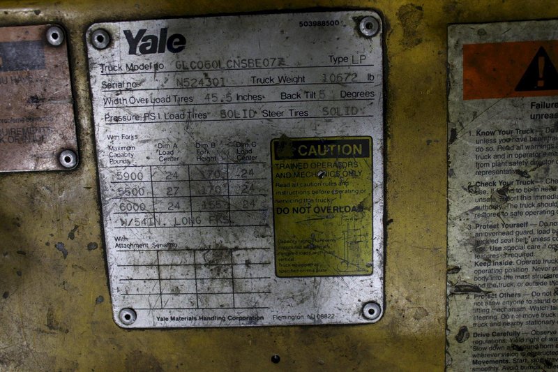 6000 LBS YALE  MODEL # GLCO60LCSBE077 FORKLIFT: STOCK #75900