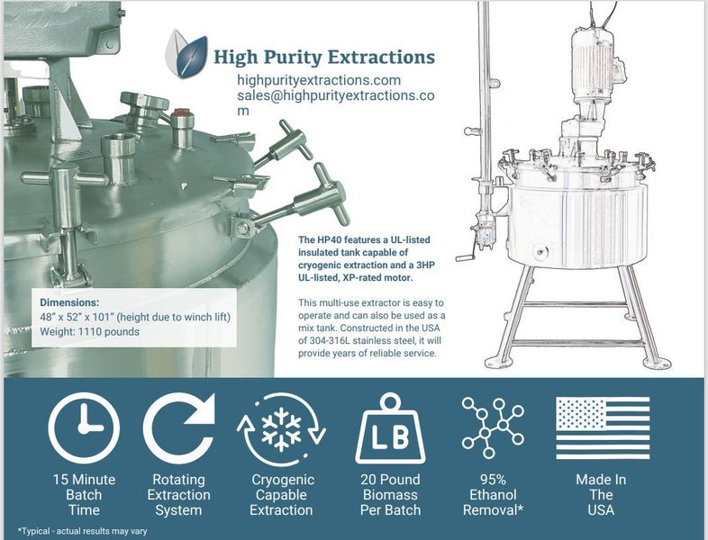 High Purity Extractions HP40 Stainless 35 Gallon Mixer - Rotary Extractor 2019 equipped with Cryogenic Capable, >95% Plant Extraction*, 60 lbs. per Hour Capacity
