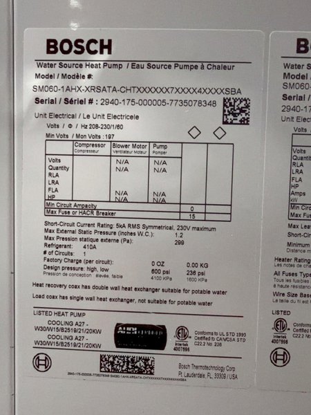 BOSCH WATER SOURCE HEAT PUMP  -  SM060-1AHX-XRSATA-CHTX