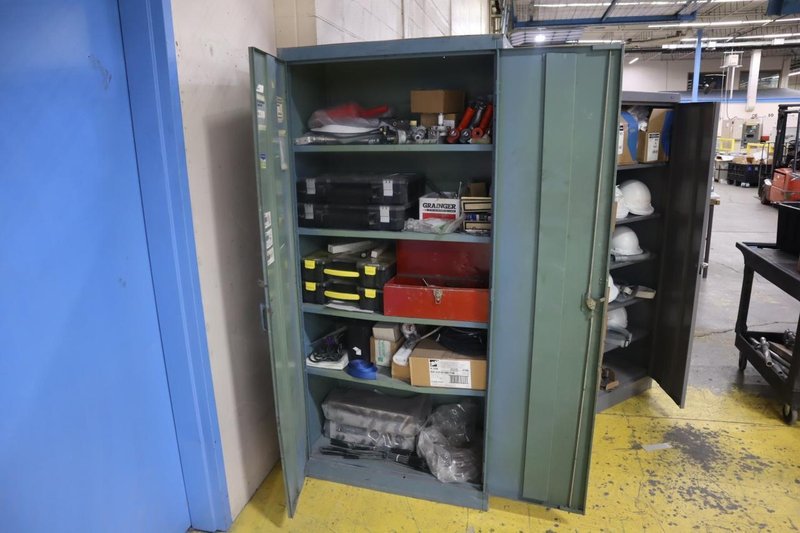 2 Door Metal Cabinet with Contents, Hand Tools, Powder Coating Gun and Cabinet Parts,  Air Fittings- Auction Item