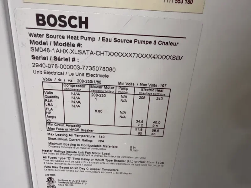 BOSCH WATER SOURCE HEAT PUMP   -  SM060-1AHX-XLSATA-CHTX