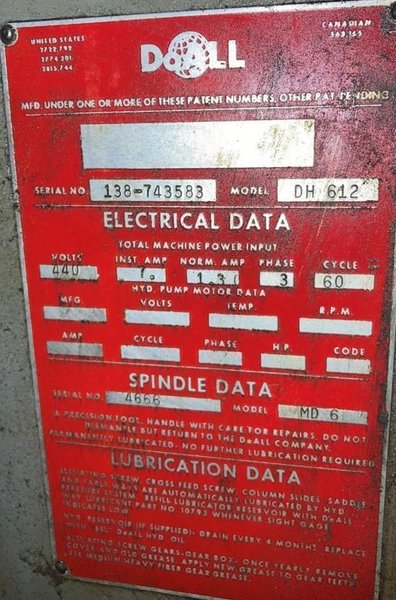 6" X 12" DOALL MODEL #DH612 HORIZONTAL SURFACE GRINDER: STOCK #21260