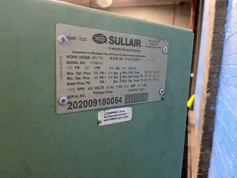 SULLAIR 55.2 BHP, 44.5 KW S-ENERGY 3700 AIR COMPRESSOR  -  3709B AC