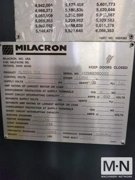 3000 TON 362 OZ CINCINNATI MILACRON MODEL ML3000-352 INJECTION MOLDING MACHINE MFG 2004