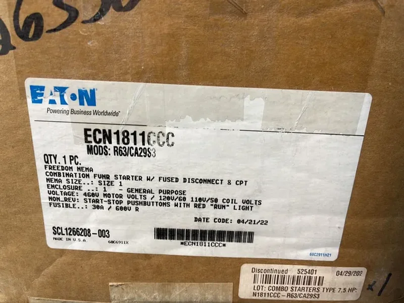 EATON FREEDOM NEMA COMBINATION FVNR STARTER WITH FUSED DISCONNECT &amp; CPT  -  ECN1811CCC