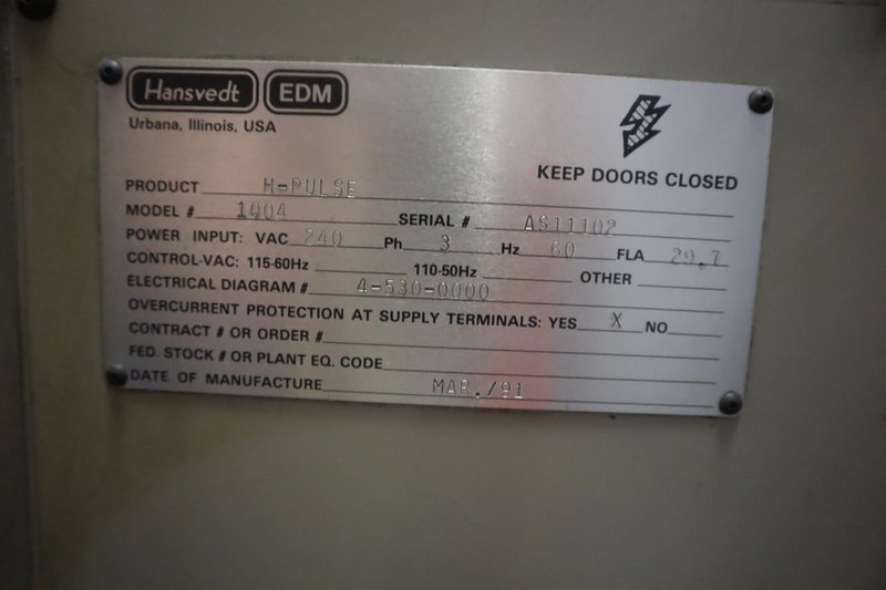 Hansvedt Master Manual Sinker EDM, H-Pulse Power Supply, Anilam DRO- Auction Item