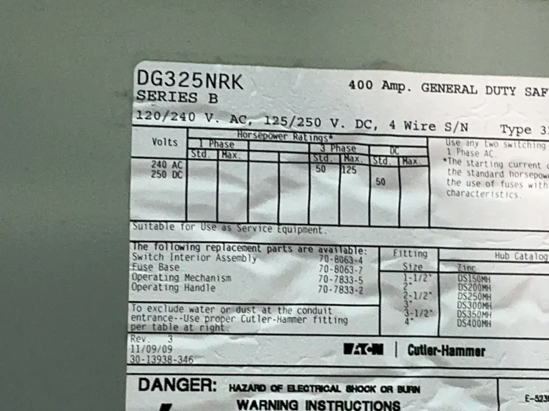 EATON CUTLER-HAMMER 400 AMPS GENERAL DUTY SAFETY SWITCH   -  DG325NRK