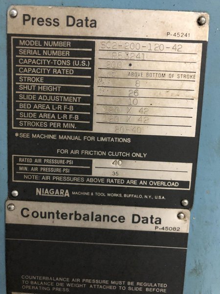 200 ton Niagara SC2-200-120-42 Straight Side Press