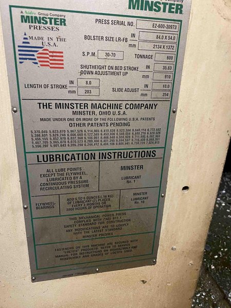 600 Ton Minster E2-600 Eccentric Shaft Straight-Side Press, 8" STR, 36" SH, 84" LR x 54" FB BA, 30-70 SPM