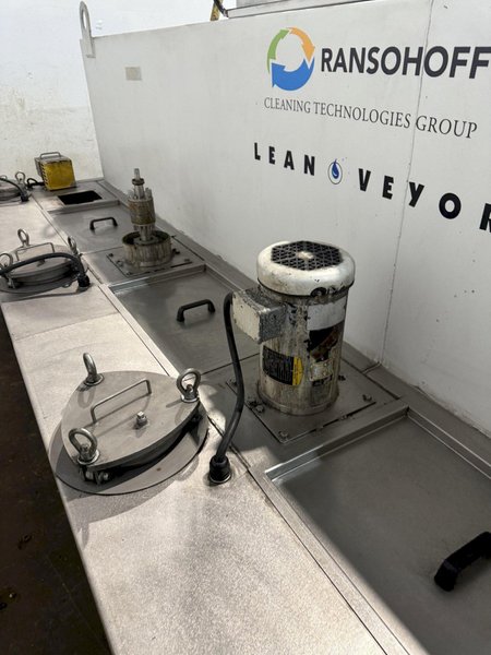 9" X 192" RANSOHOFF LEANVEYOR FOUR STAGE (WASH/RINSE/RINSE/BLOW OFF) WASHER. STOCK # 1113425.