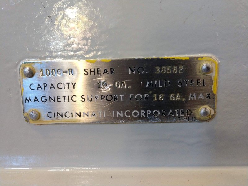 6&#039; X 10 GA CINCINNATI MODEL 1006-R POWER SQUARING SHEAR: STOCK #10613