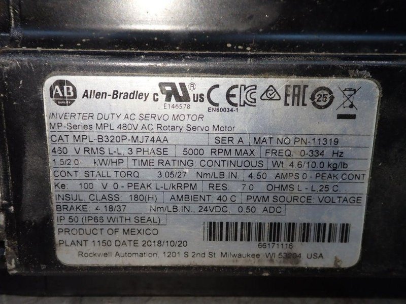 ALLEN BRADLEY 2 HP AC SERVO MOTOR  -  MPL-B320P-MJ74AA