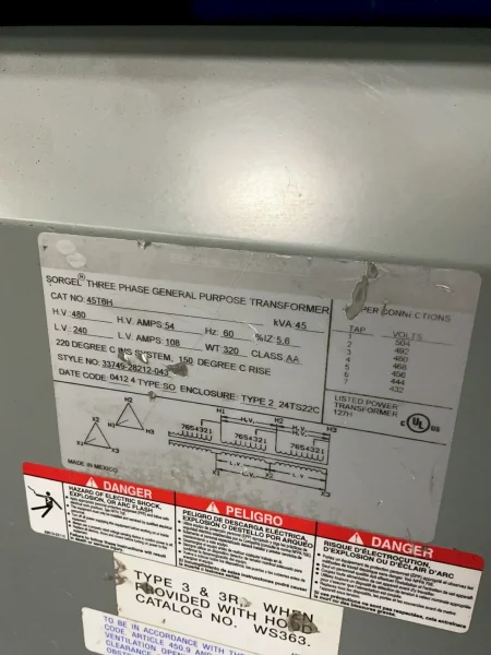 SQUARE D 45 KVA TRANSFORMER  -  45T6H