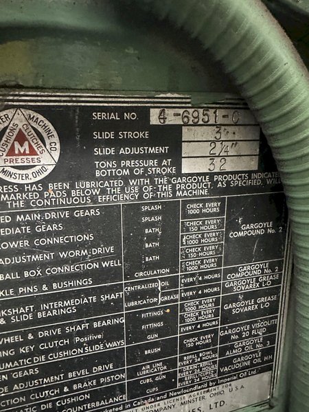 32 TON MINSTER OBI PRESS, 3" STROKE: STOCK #20251