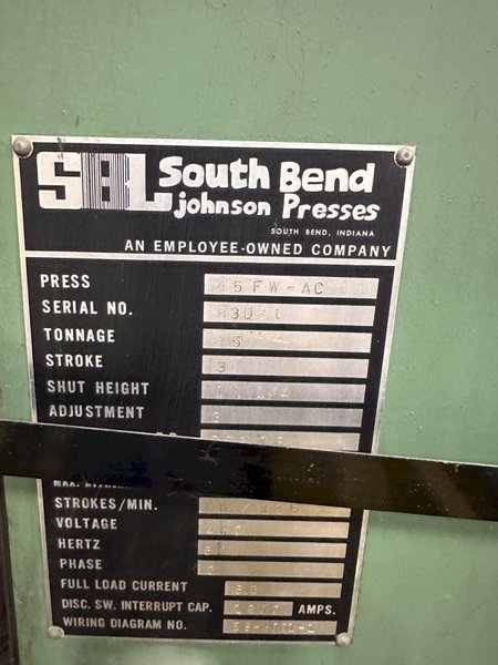 45 TON SOUTH BEND JOHNSON MODEL #45FW-AC OBI STAMPING PRESS 3” STROKE: YOBRO #24949