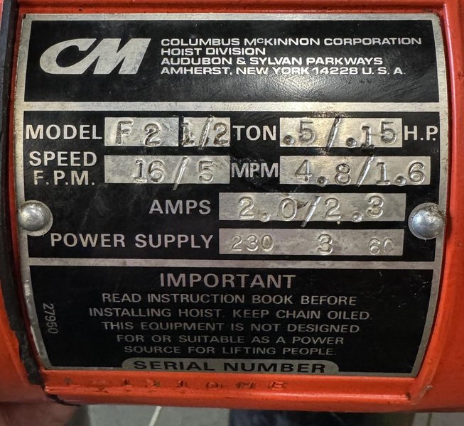 1/2 Ton CM Lodestar Electric Hoist F2, Two-Speed, 8' Lift, Pendant, Trolley