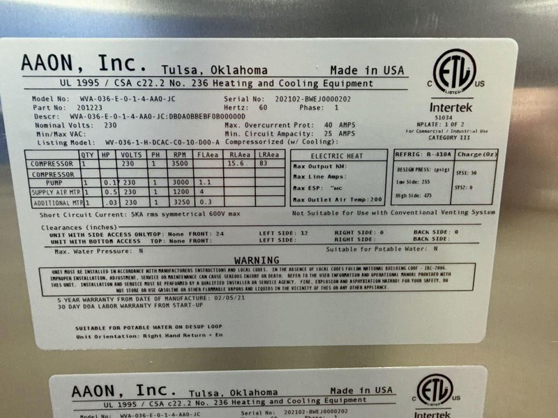 AAON DANDELION HEAT PUMP  -  WVA-036-E-0-1-4-AA0-JC