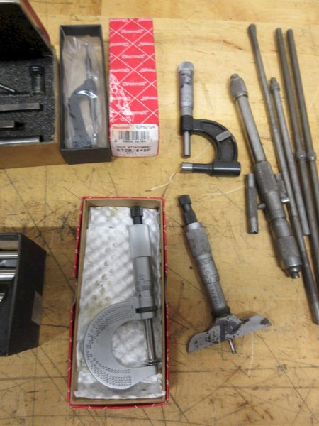 Starrett Tools, 0-1" Pad Micrometer, 0-1" Tube Mic, 0-1" Depth Mic, Last Word .005 Indicator, 8-24" Inside Mic, Mic Standards, Antique Bore Guage- Auction Item