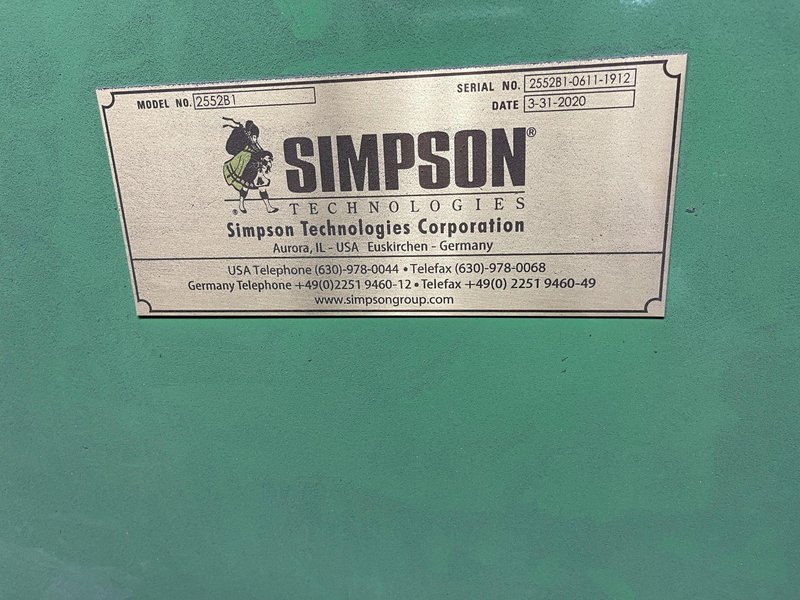 west 1965 B and P model 85b muller with dust hood, batch hopper, cooling system, upgraded to 100b gearbox , 125 hp motor, s/n 85b-101-6506
2020 west Simpson Hartley compactability system with model 2552 test unit, controls model 2552b1 s/n 2552b1-0611-1912, remote readout, bond feed transporter model 90mk2-5, available date 5/1/2025
