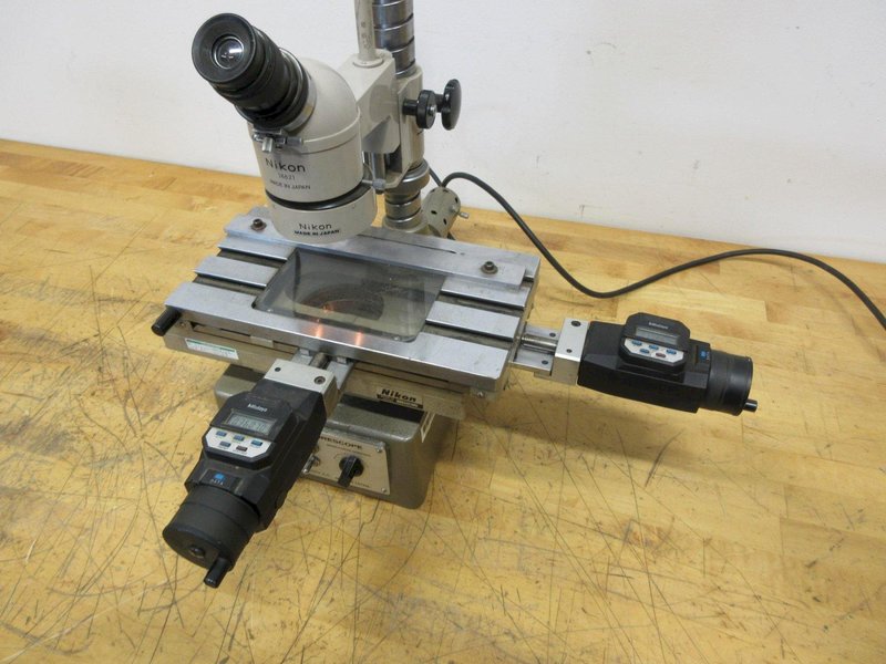 Nikon Measurescope Microscope with 10x Objective Lens, Ring and Stage Light, (2) Mitutoyo 164-162 Digital Micrometers 0-2" Range .00005" Resolution- Auction Item