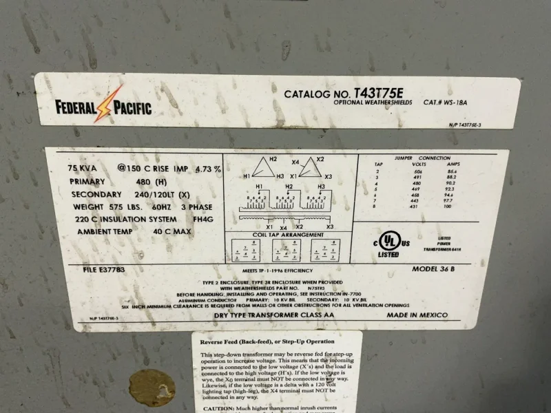 FEDERAL PACIFIC 75 KVA TRANSFORMER   -  T43T75E