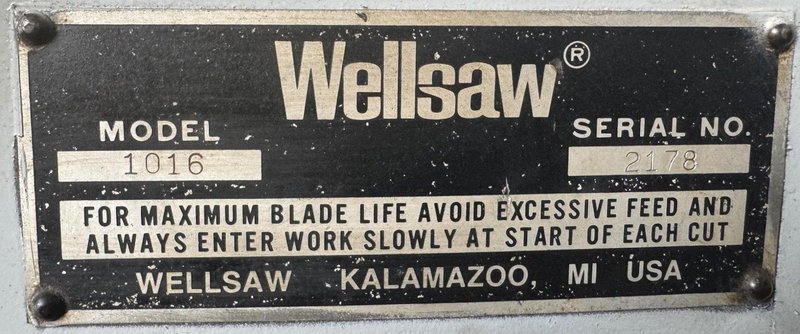 10" x 16" Wellsaw Horizontal Band Saw 1016, 50-275 FPM, 1" Blade, Coolant, Reconditioned