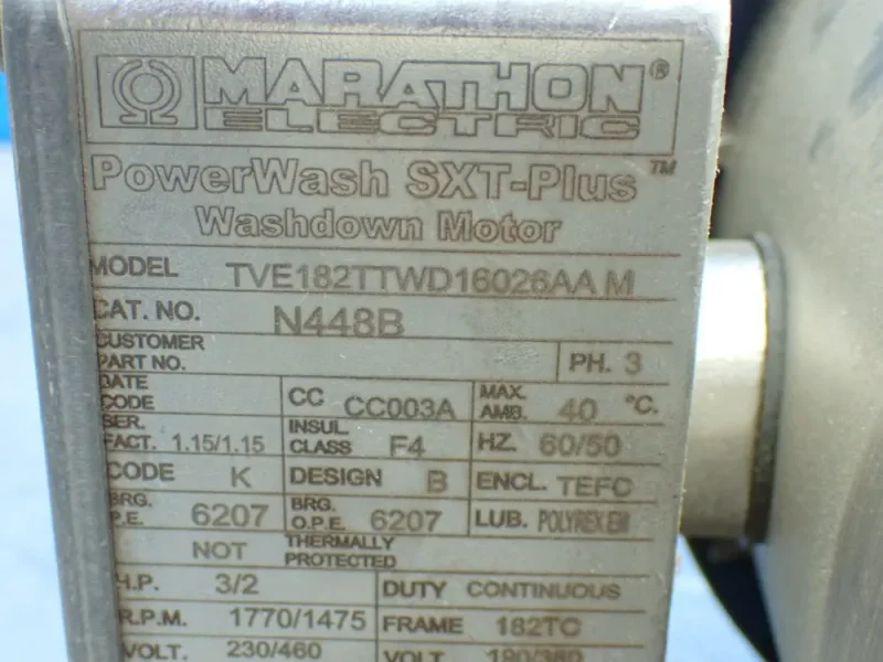 MARATHON ELECTRIC 3/2HP. 1770/1475RPM POWERWASH SXT-PLUS WASHDOWN MOTOR  -  TVE182TTWD16026